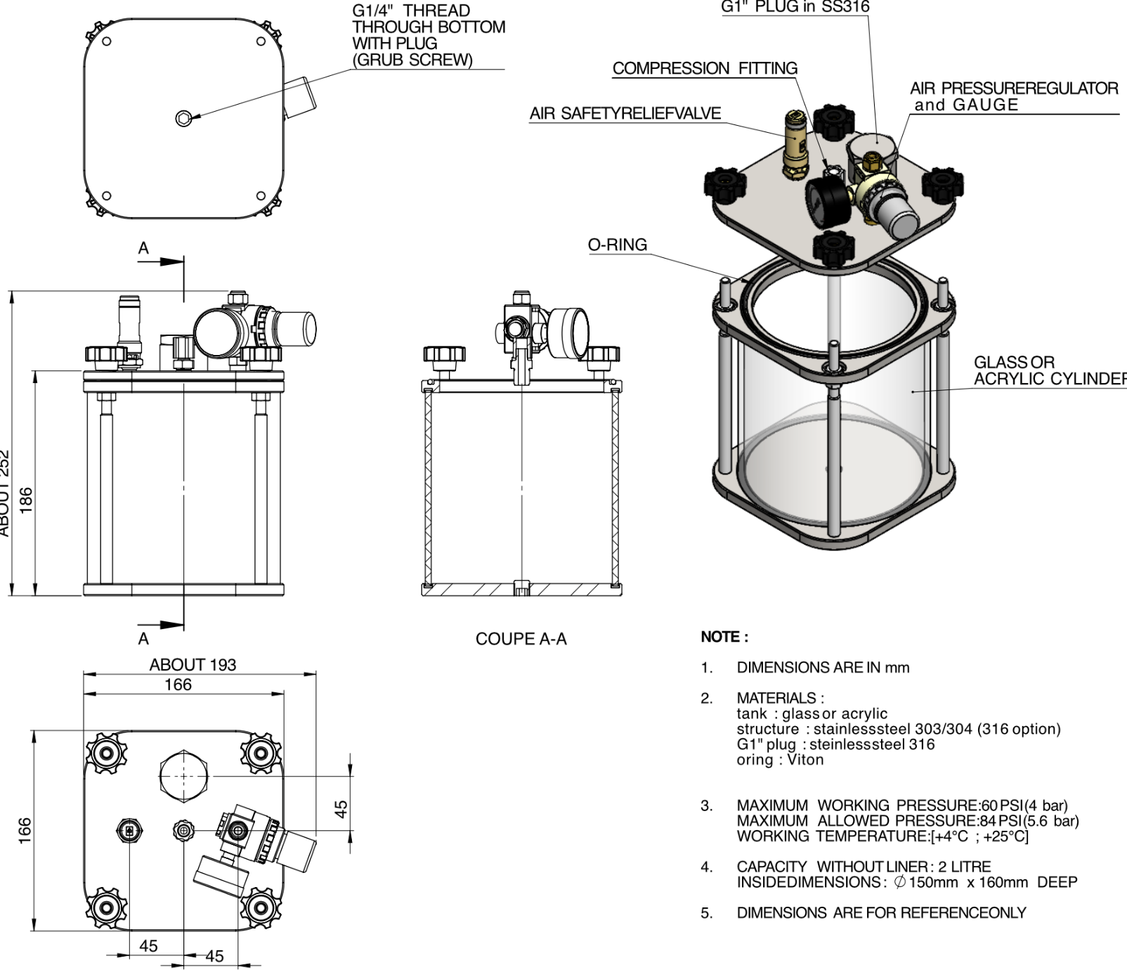 2L Transparenter Druckbehälter – Acrylummantelung + Edelstahl 304
