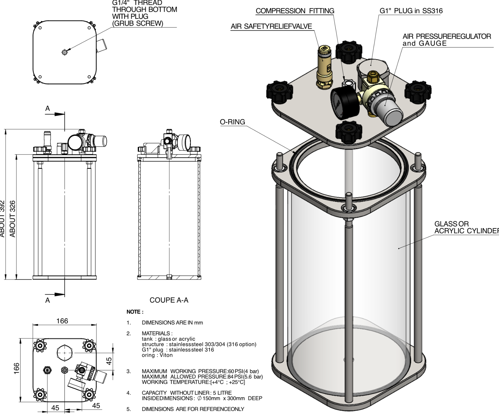 5L Transparenter Druckbehälter – Acrylummantelung + Edelstahl 304