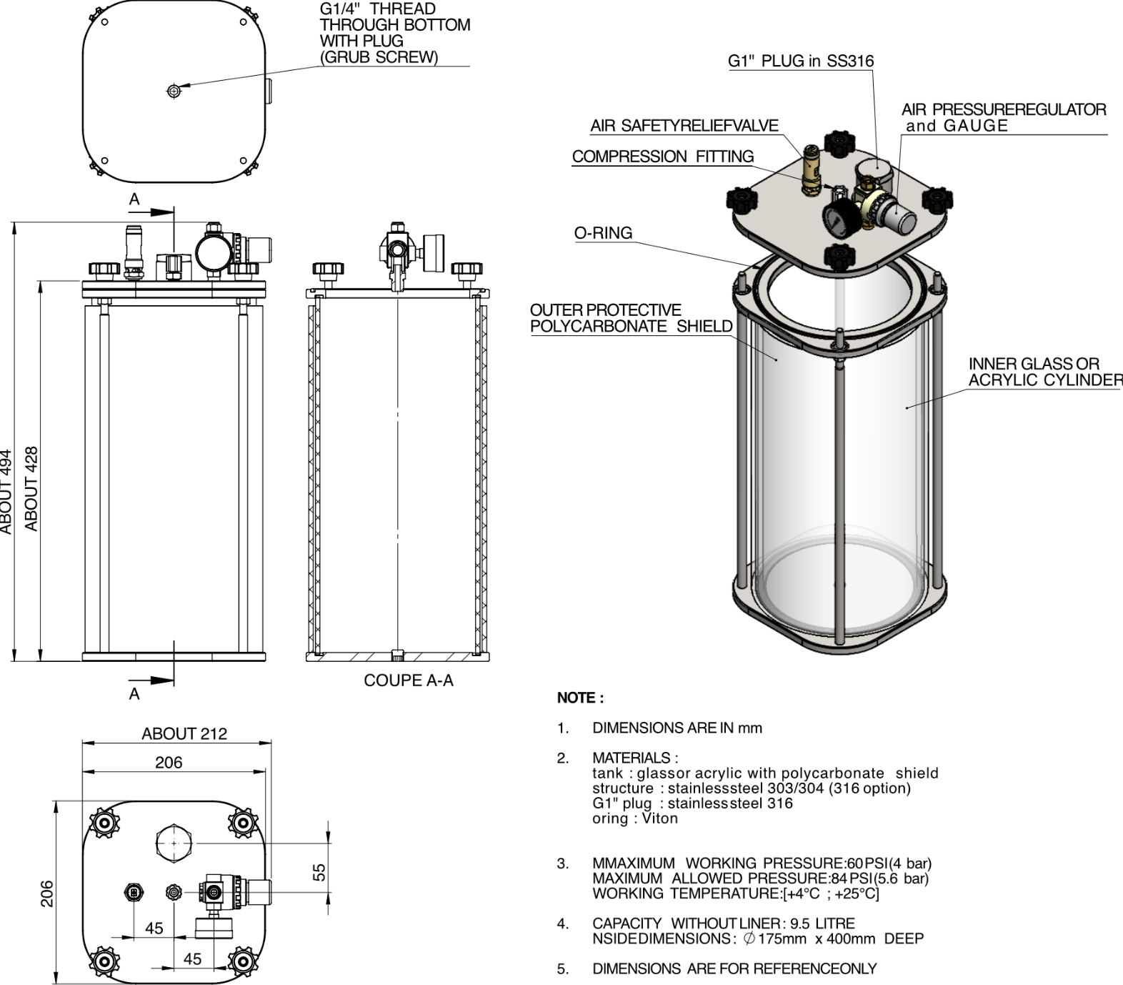 10L Acrylic & Stainless Steel 304 Clear Pressure Vessel